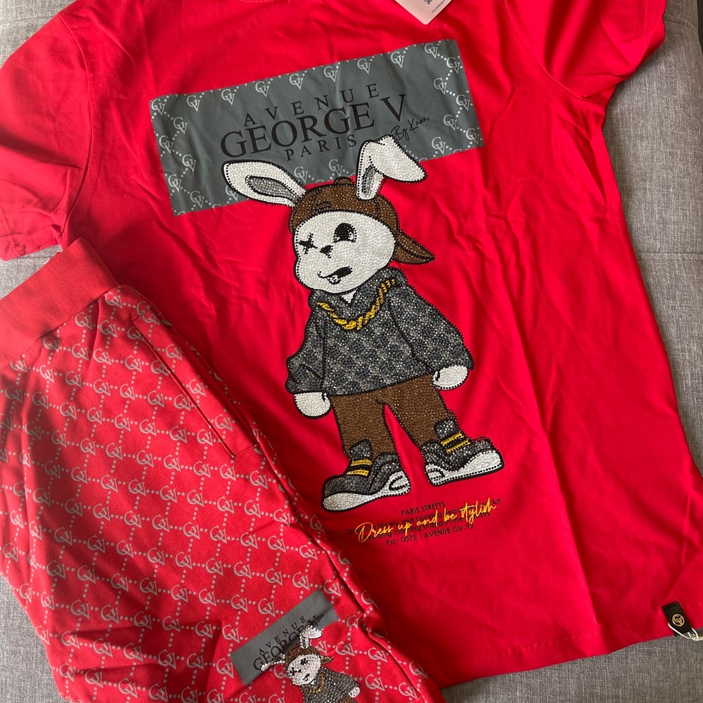 Avenue George V Paris Short Set Men's Red 2 piece set Rabbit Rhinestone Large - Picture 6 of 6